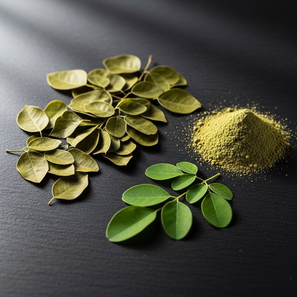 Dried moringa leaves and moringa powder displayed on a dark slate surface, a few fresh green moringa leaves placed beside the powder for context, natural light