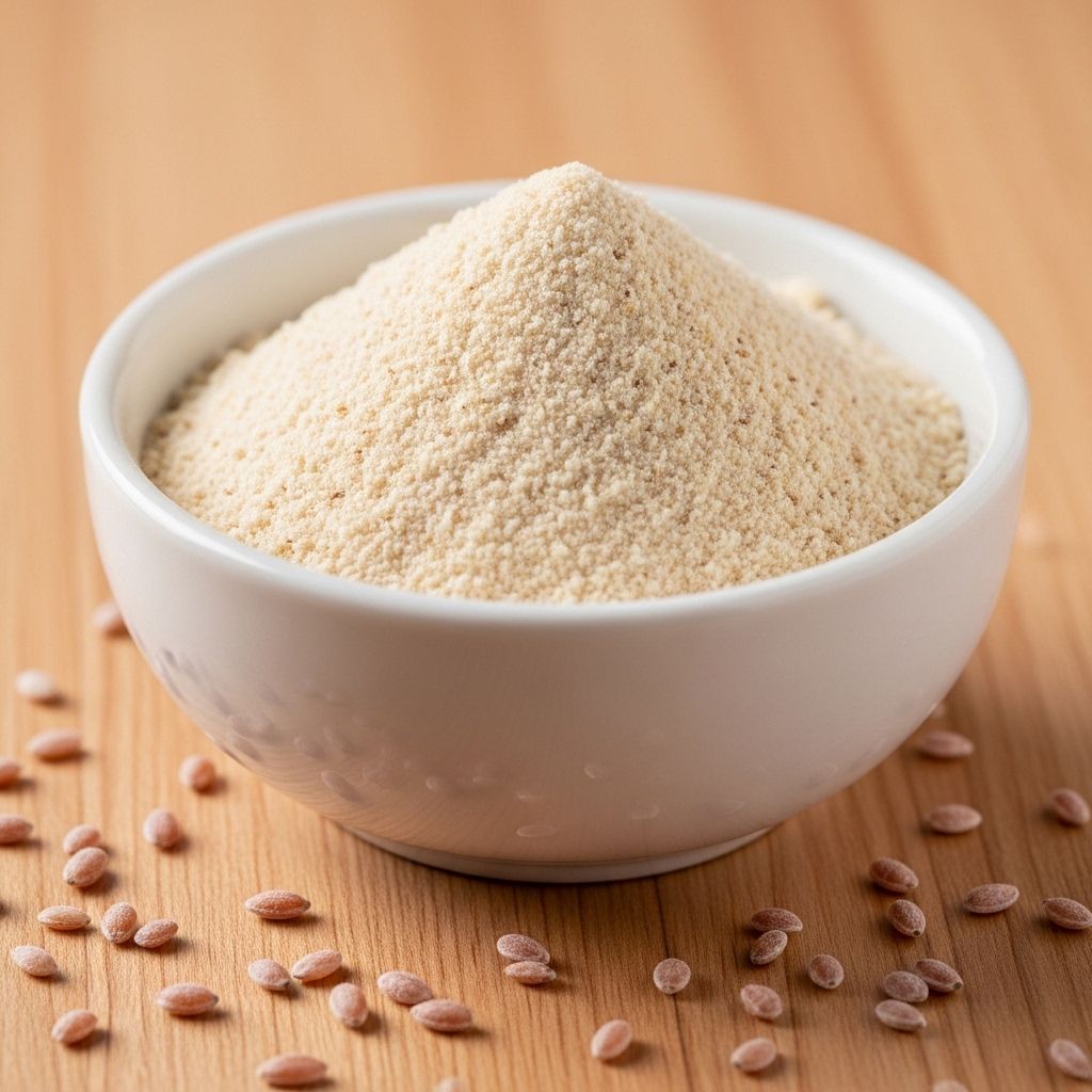 Small white bowl filled with pale cream-coloured psyllium husk powder on a light wooden surface with a few whole psyllium seeds scattered around it