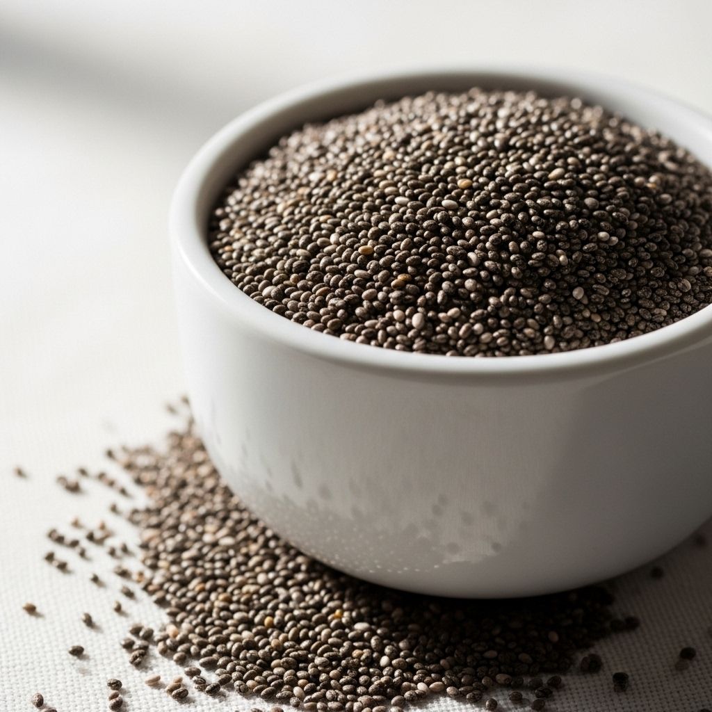 Close-up of a small white ceramic bowl filled with raw chia seeds on a light linen surface with a few seeds scattered around, natural daylight photography