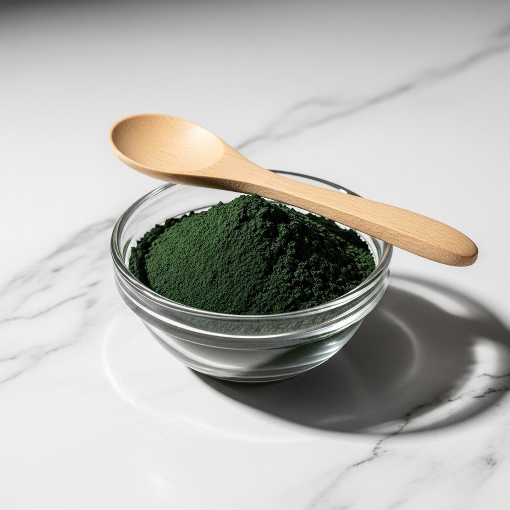 Small glass bowl containing vibrant dark green spirulina powder on a white marble surface, with a wooden spoon resting beside it, studio lighting